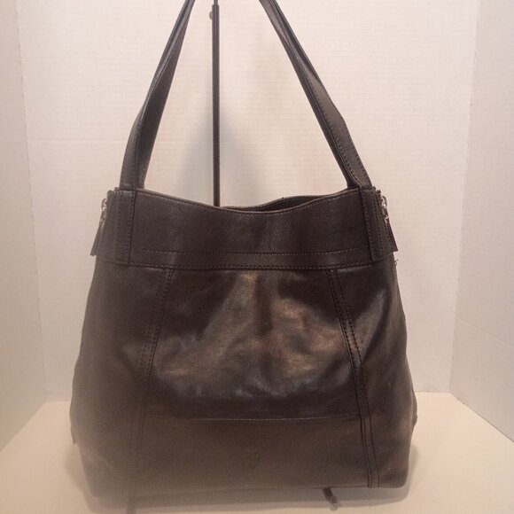 FRYE "Lena" Smooth Black Leather Tote Chunky SIlver ZIppers Detail, 3-Side Open - Picture 6 of 15